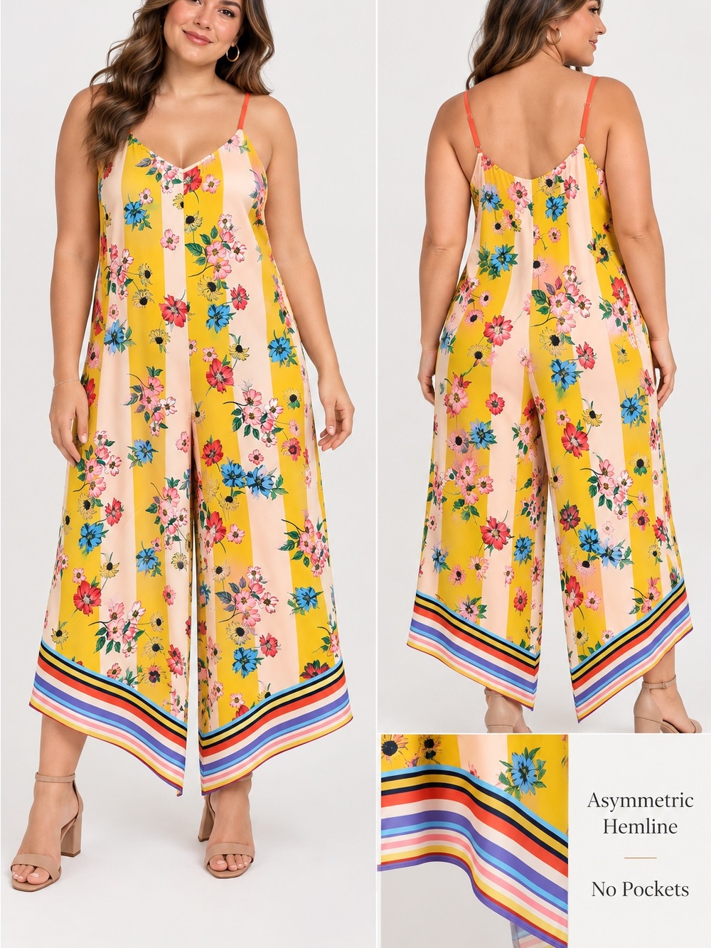 ECI Yellow Floral Striped-Asymmetrical Hem Wide-Leg Jumpsuit L